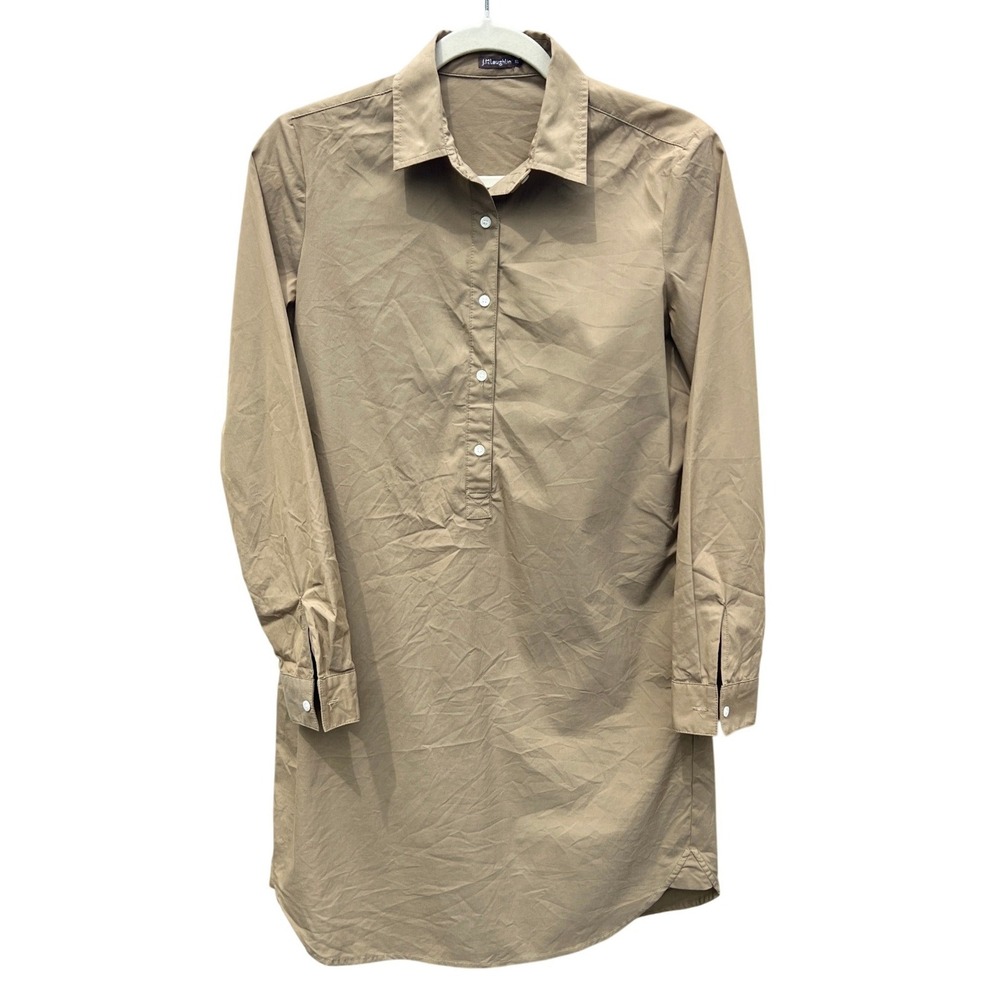 J.McLaughlin Tan Khaki Cotton Long Sleeve Shirt Dress XS Preppy Quiet Luxury